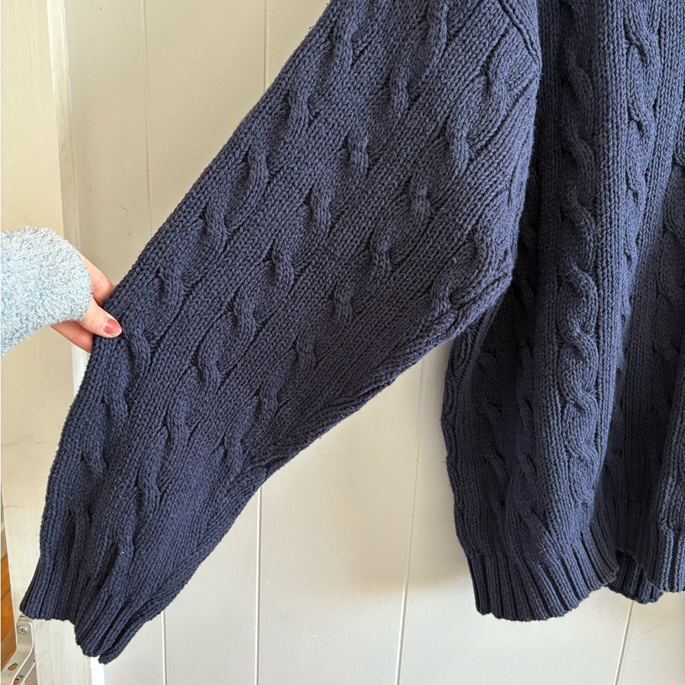Women’s XL Vintage Gap Cable Knit 100% Cotton Sweater Navy & Green Plaid V Neck - Picture 4 of 11